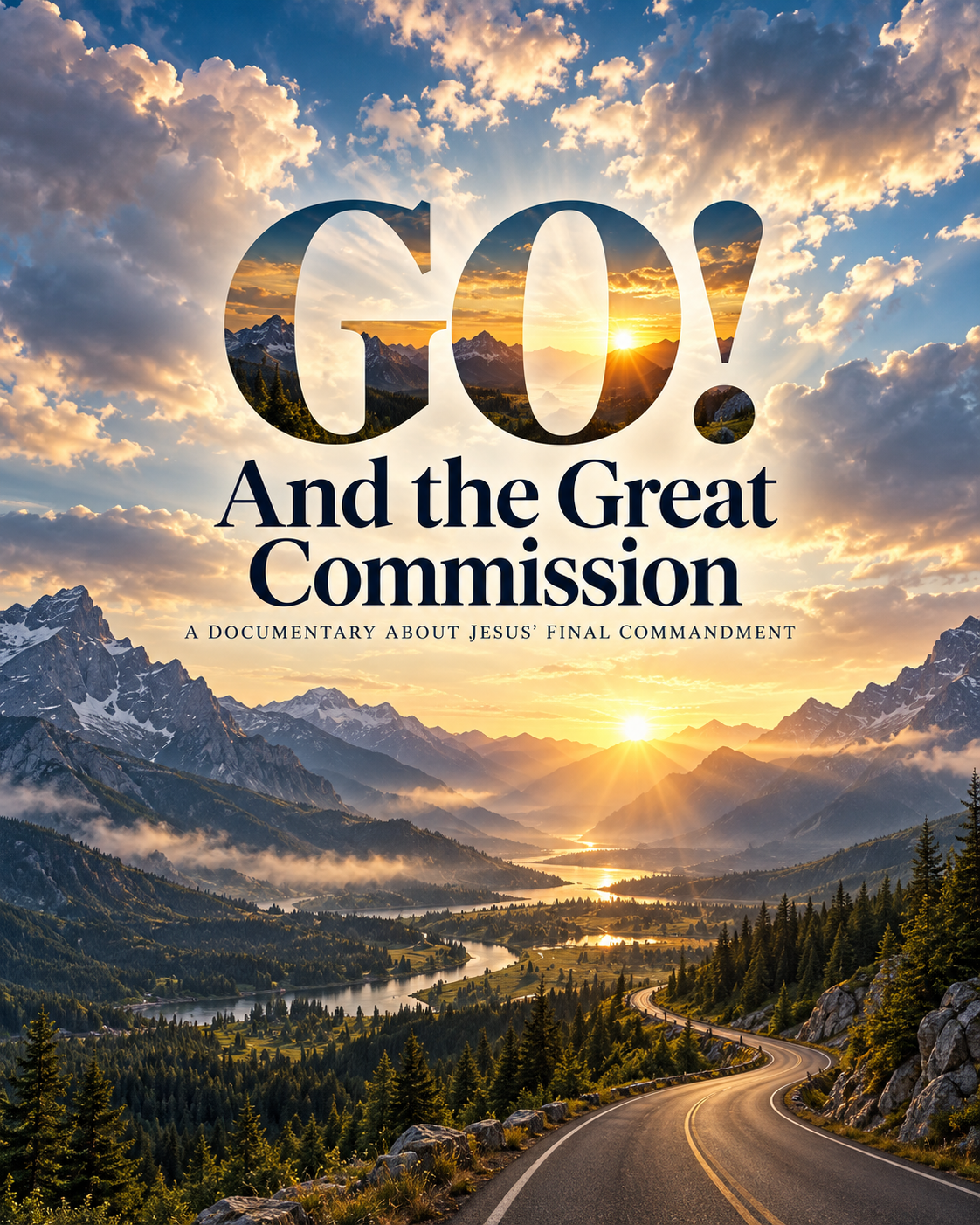 GO! And the Great Commission — A Documentary About Jesus’ Final Commandment. Sunrise clouds above a mountain valley and winding road.
