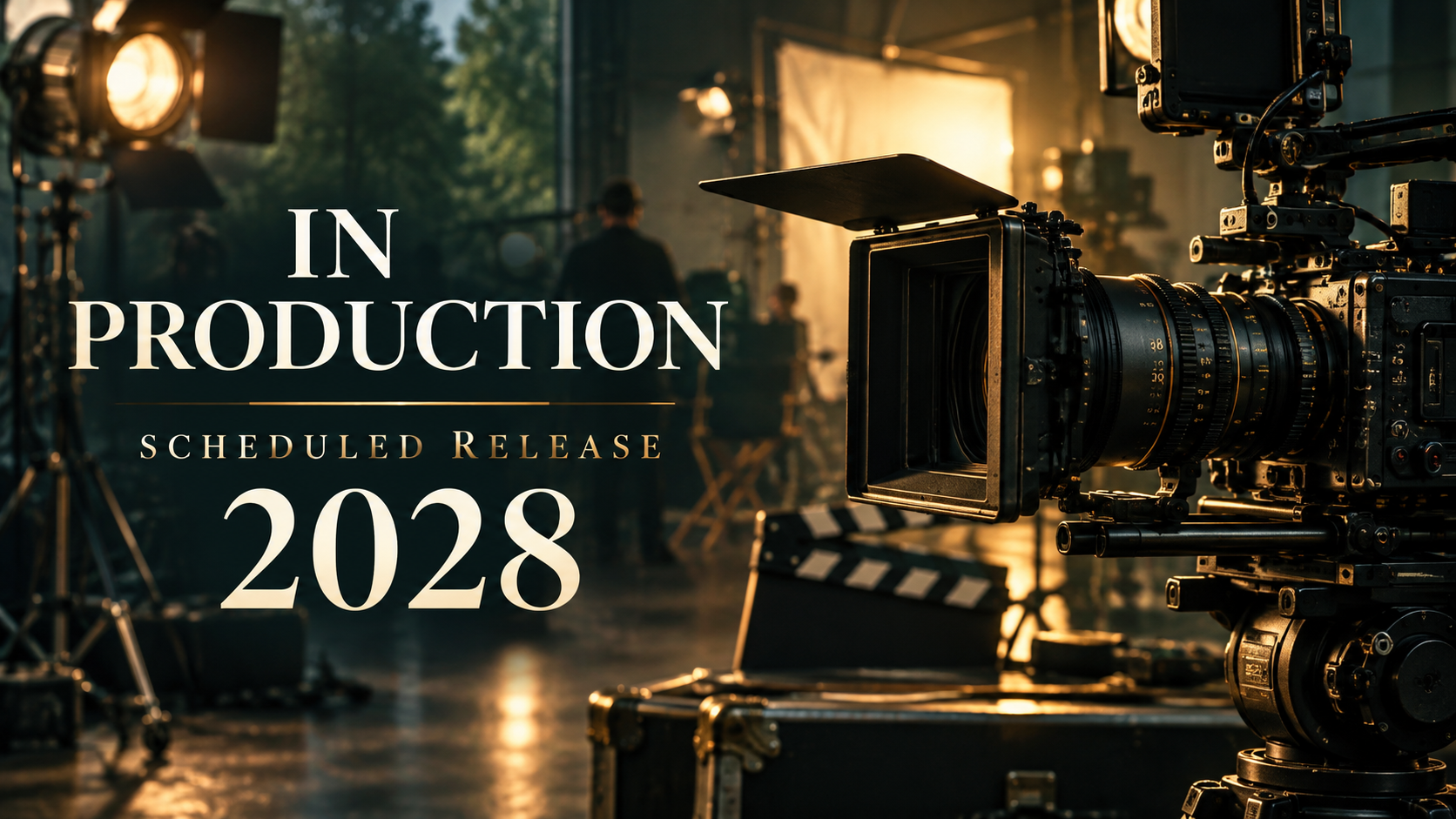 In production. Scheduled release 2028. Cinematic filmmaking equipment and studio lights.