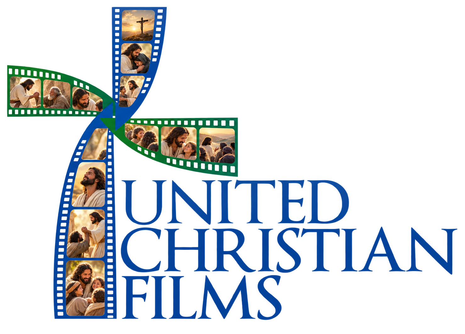 Illustrated United Christian Films logo, with scenes of Jesus helping, comforting, and teaching people, and a distant crucifixion within the filmstrip cross.