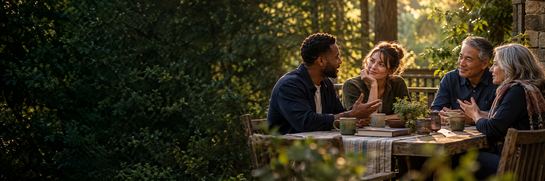 Illustration of four adults sharing a thoughtful conversation outdoors in warm sunlight.